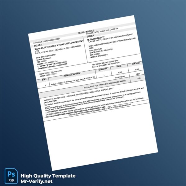 India Shah Electronics Home Appliances Pvt Ltd Invoice Template in Word and PDF formats India Shah Electronics Home Appliances Pvt Ltd Invoice Template in Word and PDF formats