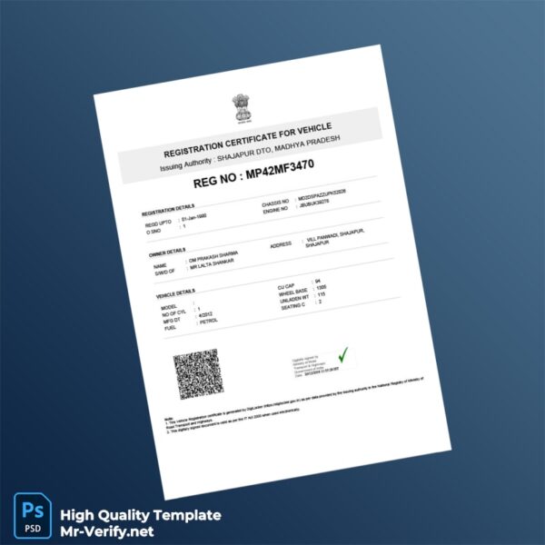 India Shajapur DTO Registration Certificate Template in Word and PDF formats