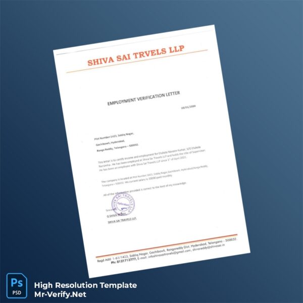 Editable India Shiva Sai Travels LLP Employment Verification Letter Word and Pdf Template Preview - Mac Doc