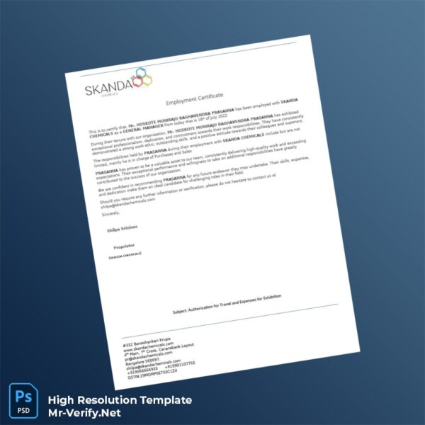 Editable India Skanda Chemicals Employment Verification Letter Word and Pdf Template Preview - Mac Doc