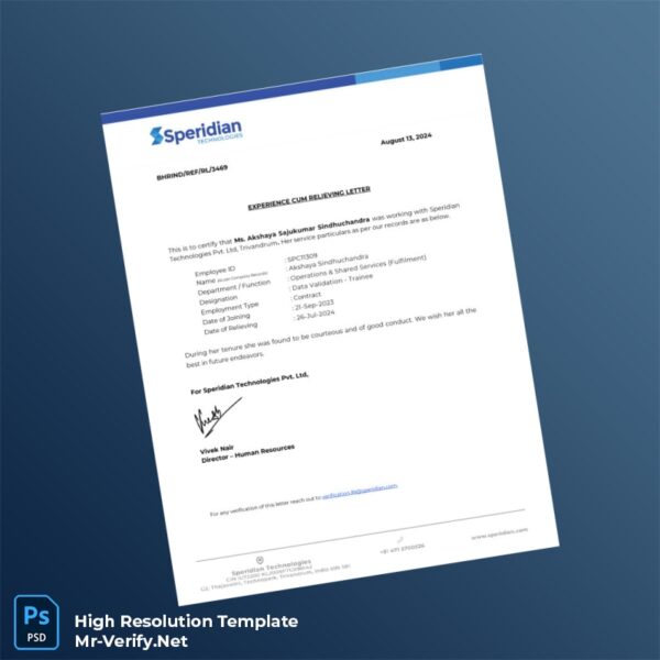 Editable India Speridian Technologies Pvt Ltd Experience Cum Relieving Letter Word and Pdf Template Preview - Mac Doc