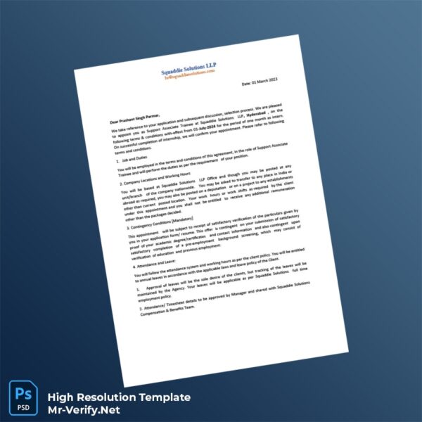 Editable India Squaddie Solutions LLP Employment Verification Letter Word and Pdf Template Preview - Mac Doc