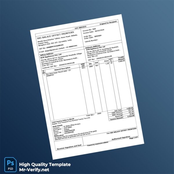 India Sri Balaji Offset Printers Invoice Template in Word and PDF formats