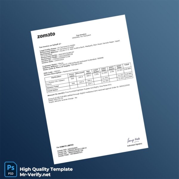 India Sri Sampoorna Hotels Tax Invoice Template in Word and PDF formats