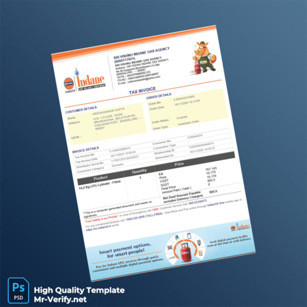 India Sri Vishnu Indane Gas Agency Tax Invoice Template in Word and PDF formats