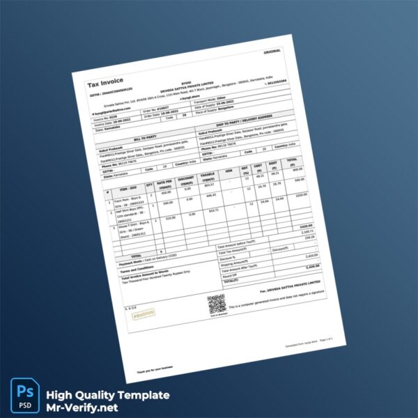 India Sriveda Sattva Private Limited Invoice Template in Word and PDF formats