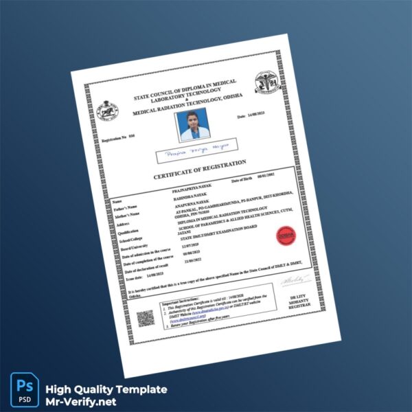 India State Council of Diploma in Medical Laboratory Technology Registration Certificate Template in Word and PDF formats