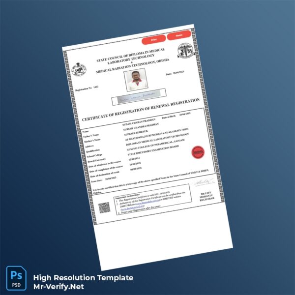 Editable India State DMLT DMRT Registration Certificate Word and Pdf Template Preview