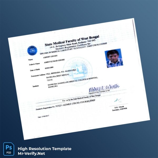 Editable India State Medical Faculty of West Bengal Student Registration Certificate Word and Pdf Template Preview - Mac Doc