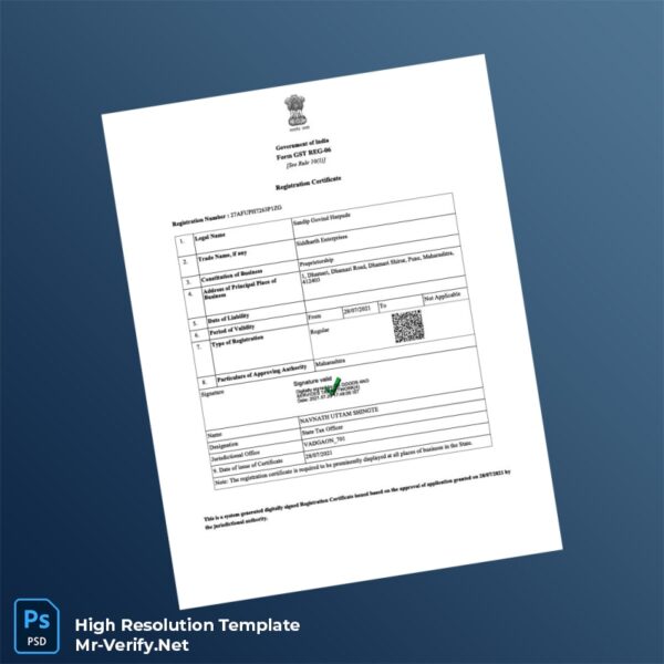 Editable India State Tax Authority GST Registration Certificate Word and Pdf Template Preview - Mac Doc