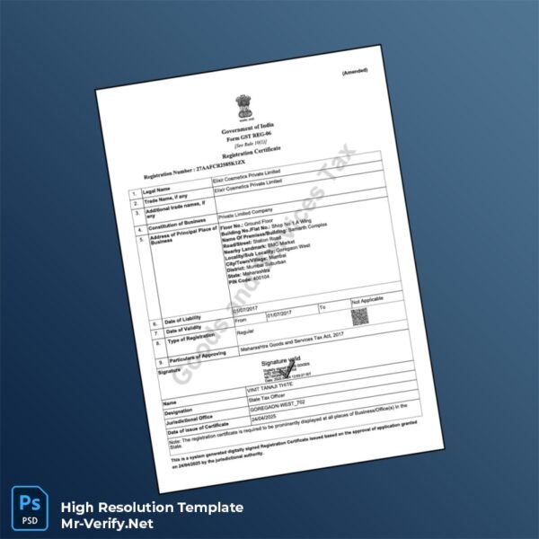 Editable India State Tax Authority Registration Certificate Word and Pdf Template Preview - Mac Doc