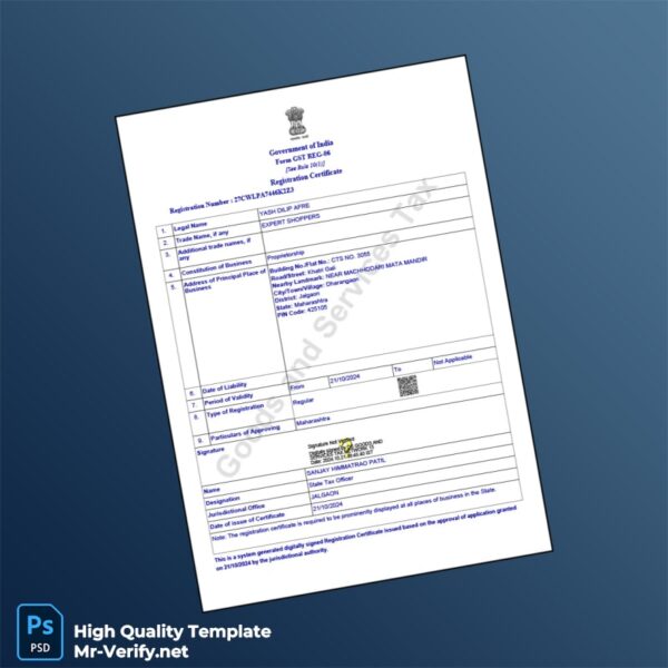 India State Tax Department GST Registration Certificate Template in Word and PDF formats