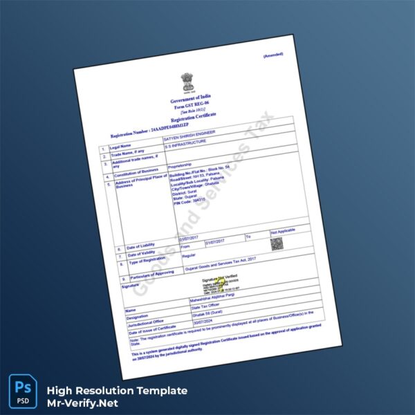 Editable India State Tax Officer GST Registration Certificate Word and Pdf Template Preview - Mac Doc