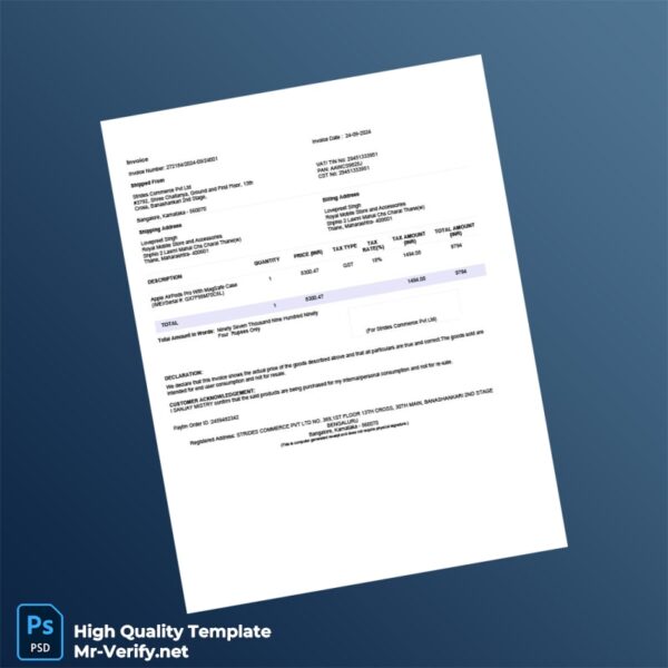 India Strides Commerce Pvt Ltd Invoice Template in Word and PDF formats