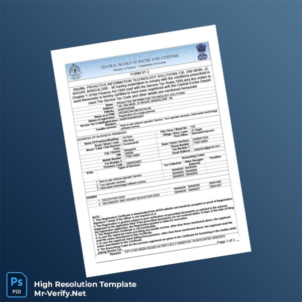 Editable India Superintendent of Central Excise Service Tax Registration Certificate Word and Pdf Template Preview - Mac Doc