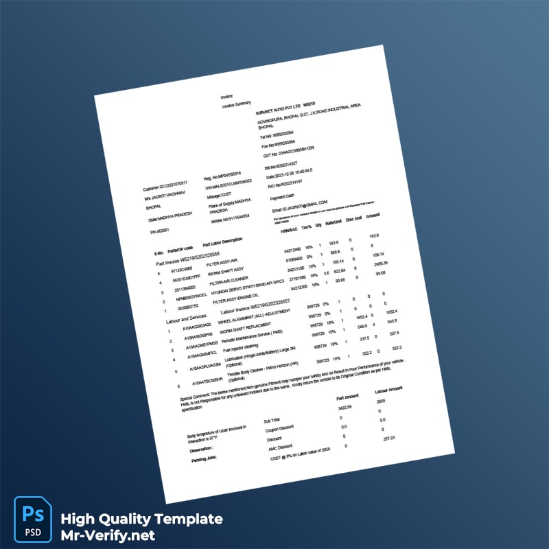 India Surjeet Auto Pvt Ltd Invoice Template in Word and PDF formats India Surjeet Auto Pvt Ltd Invoice Template in Word and PDF formats