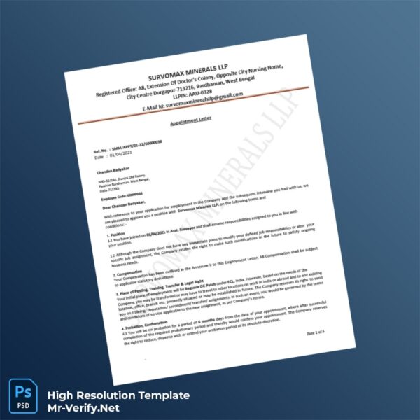 Editable India Survomax Minerals LLP Appointment Letter Word and Pdf Template Preview - Mac Doc