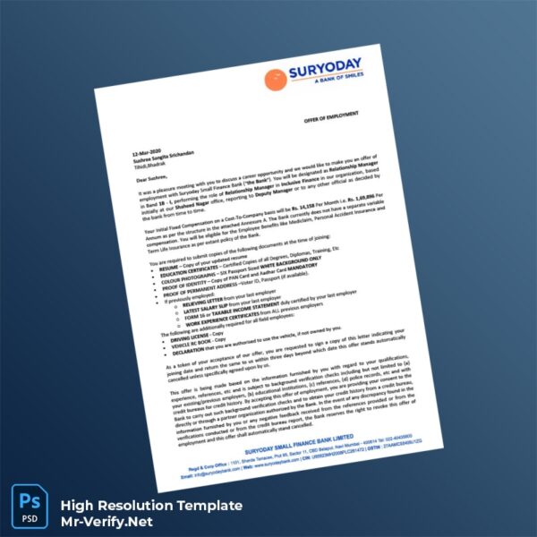 Editable India Suryoday Small Finance Bank Employment Verification Letter Word and Pdf Template Preview - Mac Doc