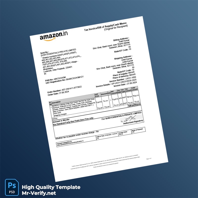 India Sush Essentials Private Limited Tax Invoice Template in Word and PDF formats India Sush Essentials Private Limited Tax Invoice Template in Word and PDF formats