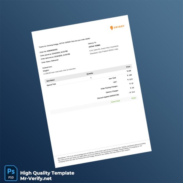 India Swiggy Invoice Template in Word and PDF formats