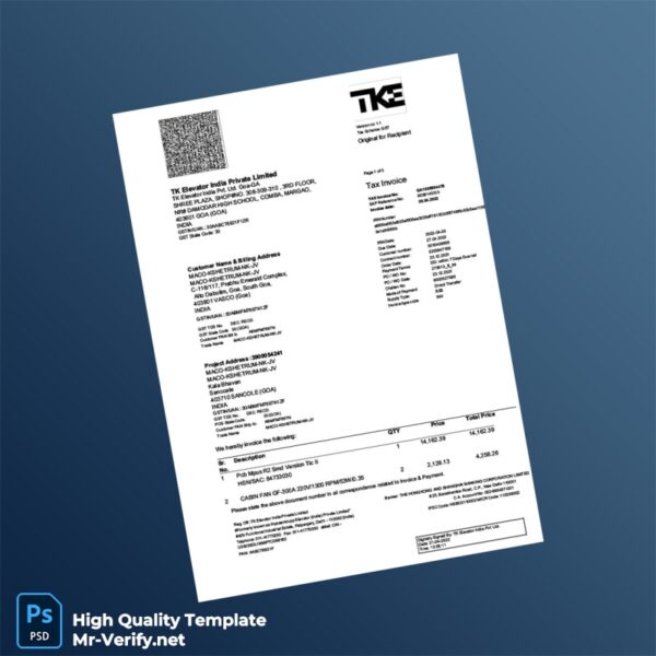 India TK Elevator India Private Limited Tax Invoice Template in Word and PDF formats