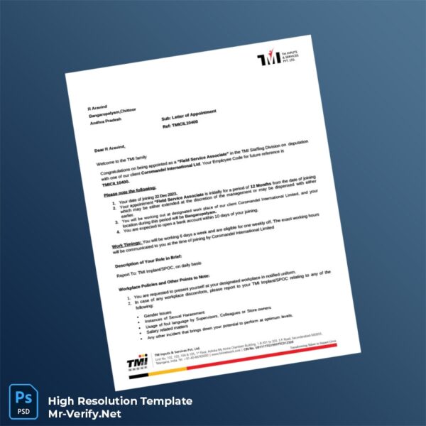 Editable India TMI Staffing Division Employment Verification Letter Word and Pdf Template Preview - Mac Doc