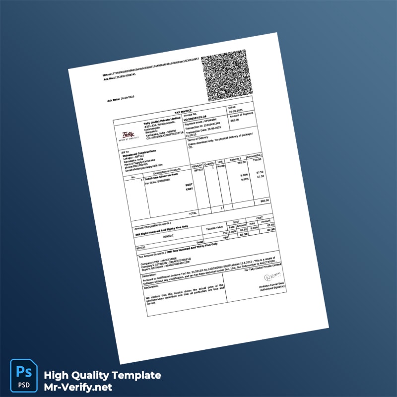 India Tally India Private Limited Tax Invoice Template in Word and PDF formats India Tally India Private Limited Tax Invoice Template in Word and PDF formats