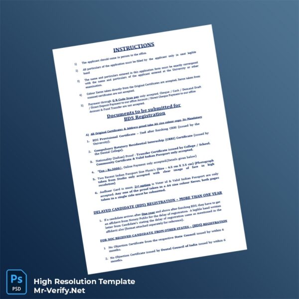 Editable India Tamil Nadu Dental Council BDS Registration Form Word and Pdf Template Preview - Mac Doc