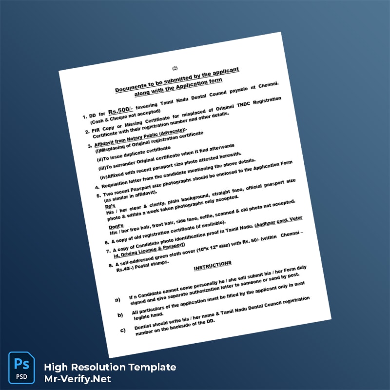 India%20Tamil%20Nadu%20Dental%20Council%20Duplicate%20Registration%20Certificate%20Template%20in%20Word%20and%20PDF%20formats-page2 Editable India Tamil Nadu Dental Council Duplicate Registration Certificate Template in Word and PDF formats page 2 Preview