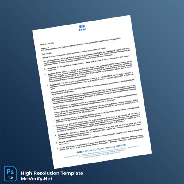 Editable India Tata Capital Housing Finance Employment Verification Letter Word and Pdf Template Preview - Mac Doc
