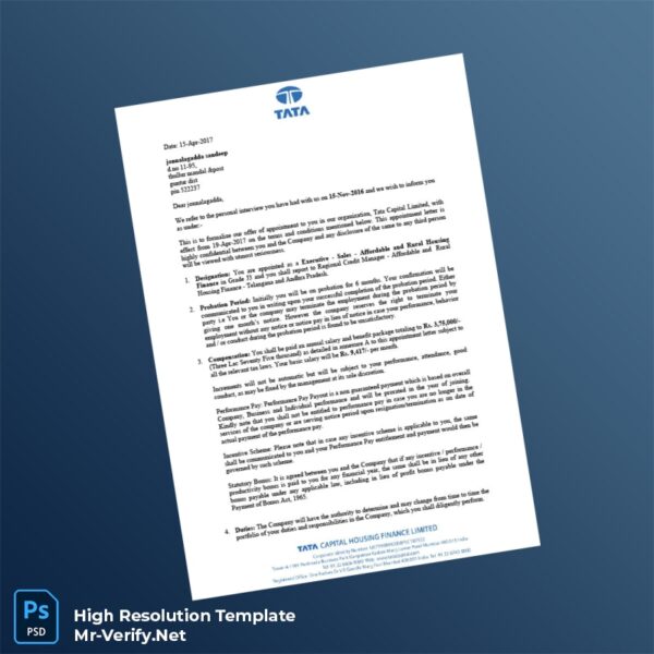 Editable India Tata Capital Limited Employment Verification Letter Word and Pdf Template Preview - Mac Doc