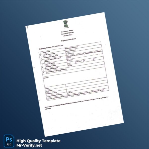 India Tax Authority Editable GST Registration Certificate Template in Word and PDF formats