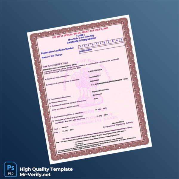 India Tax Authority VAT Registration Certificate Template in Word and PDF formats India Tax Authority VAT Registration Certificate Template in Word and PDF formats