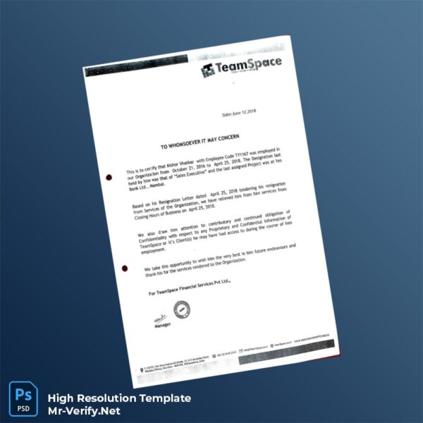 Editable India TeamSpace Employment Verification Letter Word and Pdf Template Preview - Mac Doc