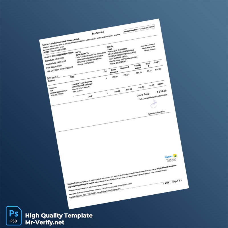 India Tech-Connect Retail Private Limited Invoice Template in Word and PDF formats India Tech-Connect Retail Private Limited Invoice Template in Word and PDF formats