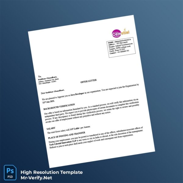 Editable India Tech Celestial Innovations LLP Employment Verification Letter Word and Pdf Template Preview - Mac Doc
