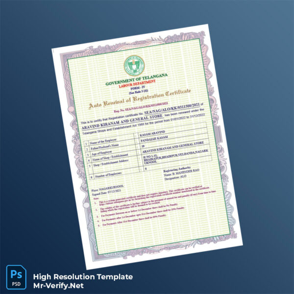 Editable India Telangana Labour Department Auto Renewal of Registration Certificate Word and Pdf Template Preview - Mac Doc