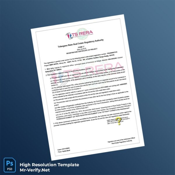 Editable India Telangana Real Estate Regulatory Authority Registration Certificate Word and Pdf Template Preview - Mac Doc