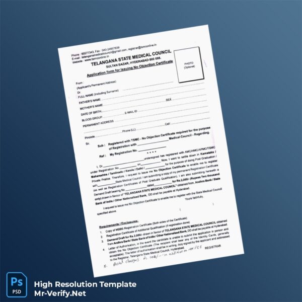 Editable India Telangana State Medical Council No Objection Certificate Application Form Word and Pdf Template Preview - Mac Doc