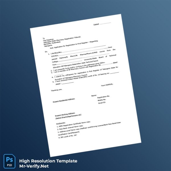 Editable India Telangana State Pharmacy Registration Application Word and Pdf Template Preview - Mac Doc