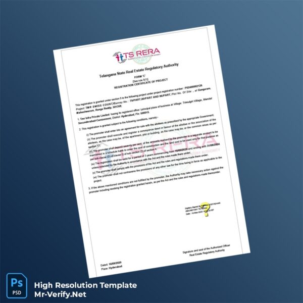 Editable India Telangana State Real Estate Regulatory Authority Registration Certificate Word and Pdf Template Preview - Mac Doc