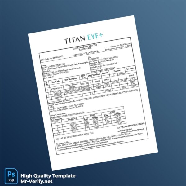 India Titan Company Limited Tax Invoice Template in Word and PDF formats