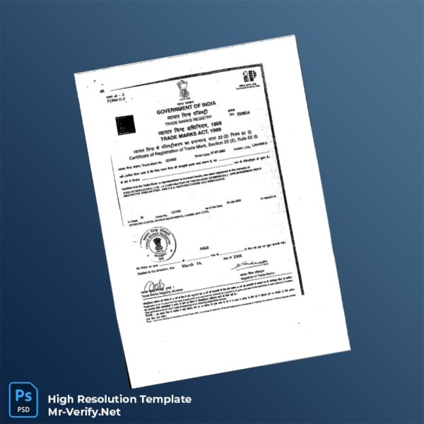 Editable India Trade Marks Registry Registration Certificate Word and Pdf Template Preview