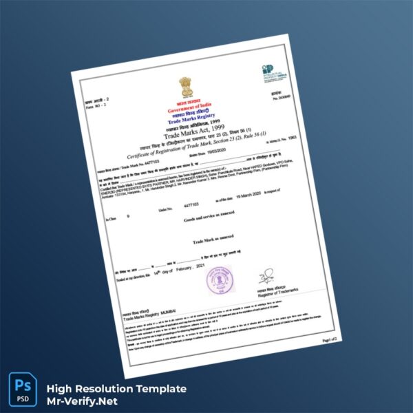 Editable India Trade Marks Registry TM Registration Certificate Word and Pdf Template Preview