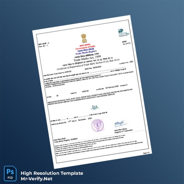 Editable India Trademark E-Registration Certificate Word and Pdf Template Preview - Mac Doc