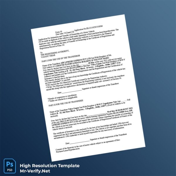 Editable India Transfer of Ownership Application Form Word and Pdf Template Preview - Mac Doc
