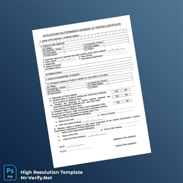 Editable India Tripura Application for Permanent Resident Certificate Word and Pdf Template Preview - Mac Doc