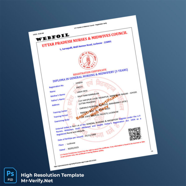 Editable India U P Nurses Midwives Council Registration Certificate Word and Pdf Template Preview - Mac Doc