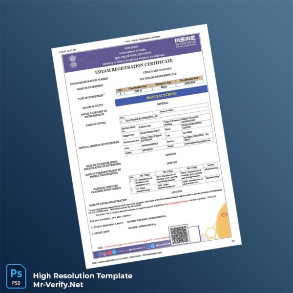 Editable India Udyam MSME Registration Certificate Word and Pdf Template Preview - Mac Doc