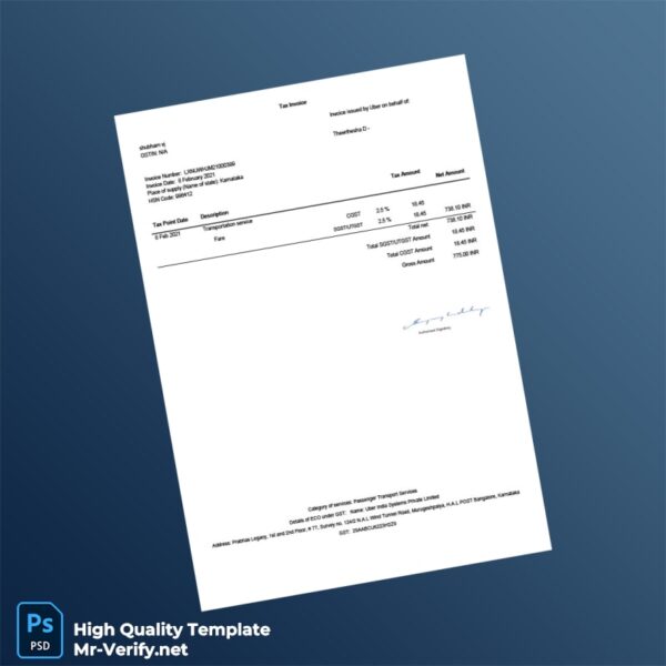 India Uber Invoice Template in Word and PDF formats